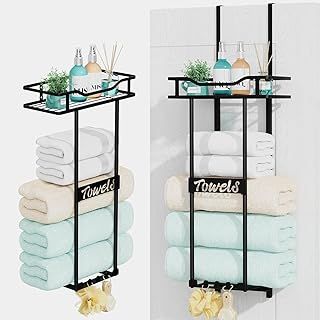 HapiRm Over Door Towel Rack - Towel Rack Wall Mounted with Metal Shelf Basket and Hooks, Space-Saving Bathroom Towel Storage, Multi-Functional Bathroom Accessories, Black