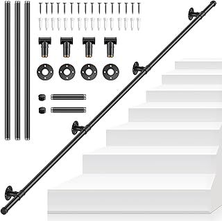 Handrails for Stairs, SenDeluz 3M Metal Stair Handrail for Indoor Outdoor Wall Mounted Handrail Non-Slip Galvanized Iron Industrial Pipe Stair Rail for Wear-Resistant, Corrosion-Resistant