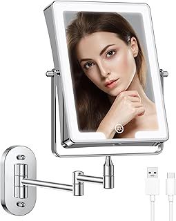 8.7 Inch Large Size Rechargeable Wall Mounted Makeup Mirror, Bathroom Lighted Rectangle Double Sided 1X 10X Magnifying, 3 Color Lighting, Extended Arm 360° Swivel Foldable Light Up Mirror