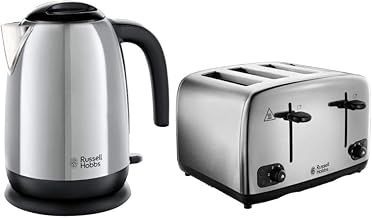 Russell Hobbs Adventure Brushed and Polished Stainless Steel Four Slice Toaster with Polished Kettle Bundle