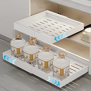 Pull Out Kitchen Storage 1Pcs, Slide Out Drawer for Cupboard, Expandable Pull Out Cabinet Organiser, Storage Shelf with Adhesive Film and Nails (32-52CM W* 42CM D * 6CM H)