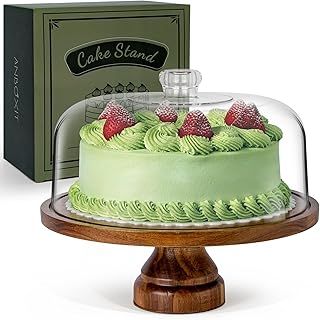 Cake Stand with Dome Lid, Acacia Wood Cake Plate with Cover, Wooden Cake Display Stand with Acrylic Dome ( Footed )