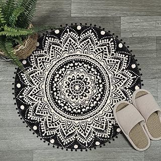 KIMODE Boho Round Rug 90cm, Non Slip Area Rugs for Bedroom Mandala Soft Machine Washable Rugs Living Room Indoor Mat Entryway Rug Non Shedding Boho Rug for Bedroom Living Dining Room (Black)
