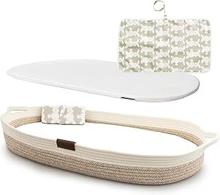 Deluxe Baby Changing Basket with Extra Travel Changing Pad, Premium Portable Baby Changing Mat with Ultrasoft Cover, Cotton Rope Baby Basket, Changing Table Topper for Dresser (White Beige)