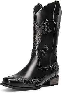 DREAM PAIRS Women's Fashion Cowboy Boots Waterproof Mid Cowboy Boots with Beautiful Embroidered Stitching,Comfortable Square Toe Western Boots for Parties and Dance Ball