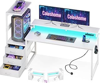 Coleshome Gaming Desk with LED Lights & Power Outlet, Reversible Computer Desk with Drawers, Gaming Table with Storage & Monitor Stand, Carbon Fiber White 151 cm