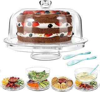 Cake Stands with Dome Lid, 6 in 1 Multi-functional Cake Serving Platter Snack Fruit Server, Salad Punch Bowl for Kitchen, Party, BBQ, Picnic, Send 2pcs Spoons - Clear