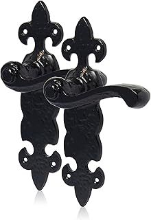 XFORT Smithy's Range Fleur De LYS Lever Latch Solo Black Antique Door Handles, Cast Iron. Rustic Latch Door Handles Set for Internal Wooden Doors.