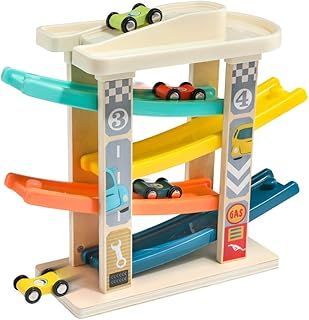 Car Ramp Toys for 2 Year Olds - Wooden Car Toy Garage with 4 Racing Cars, Toddler Toy Kids Present for 1 Year Old Multicoloured