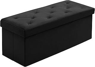 Folding Ottoman Storage Box with Lids Velvet Storage Chest Footrest Pouffe Storage Unit Bench Stool with Resilient Sponge for Bedroom, Living Room & Entryway-76cm(BLACK)