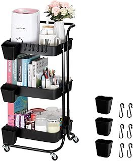 Bemece 3 Tier Trolley, Storage Trolley on Wheels with PP Draining Basket for Kitchen Bathroom Laundry and Office(Black)
