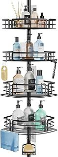 SWTYMIKI Telescopic Shower Caddy - Rustproof Shower Corner Shelves with Towel Bar & Soap Holder, Adjustable No Drilling Organizer for Bathroom Storage With 4 Baskets,27.6-108.3 inch, Black