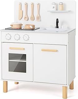 COSTWAY Kids Play Kitchen, Wooden Pretend Toy Kitchen with Sound & Lights, Sink, Faucet, Oven, Utensils, Children's Chef Role Play Set for Boys Girls