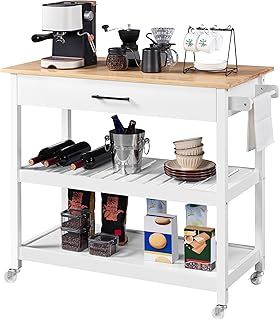 Yaheetech Rolling Kitchen Island Trolley Cart, Kitchen Storage Trolley on Wheels with Drawer and Side Handle, Utility Serving Cart for Dinning Room/Living Room, Bamboo Worktop, White