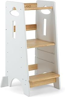 COSYLAND Toddler Standing Tower Adjustable Height - Kitchen step Stool Helper Super Stable - 3 Levels Adjustable Kids Learning Stool Wooden Toddler Kitchen Stool (Natural & White)