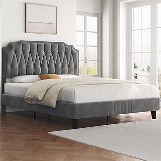 Yaheetech 5ft King Bed Frame Upholstered Platform Bed with Adjustable Button Tufted Headboard/Velvet Fabric/Sturdy Wooden Slat Support/No Box Spring Needed, Dark Grey King Bed