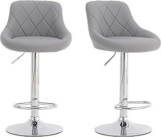 Modern Bar Stools Set, Leatherette, Adjustable Swivel Gas Lift, Chrome Footrest & Base for Kitchen, Counter, Breakfast Bar DM931-SilverGrey
