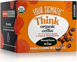 Organic Mushroom Coffee by Four Sigmatic | Arabica Instant Coffee Singles with Lion's Mane, Chaga and Rhodiola | Mushroom Coffee Instant Mix for Better Focus and Immune Support | 10 Packets