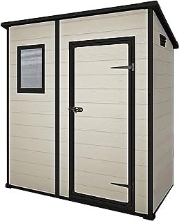 Keter Manor Outdoor Pent Single Door Garden Storage Shed 6 x 4ft Beige Brown Wood Effect Fade Free All Weather Resistant Safe And Secure Zero Maintenance 15 year Warranty
