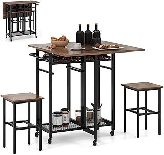 3 Piece Dining Table Set, Folding Drop Leaf Dining Table and 2 Stools with Wine Rack, Shelves & 5 Wheels, Rolling Space Saving Home Kitchen Pub Breakfast Bar Table Sets (Walnut + Black)