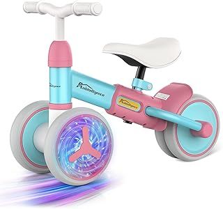 Colorful Lighting Baby Balance Bike for 1 Year Old Girl Boy Gifts 12-36 Months Toddler Balance Bike with Adjustable Soft Seat and 4 wheels First Birthday Gifts Baby Scooter (Blue Pink)