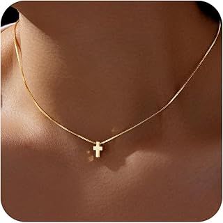 Women’s Cross Necklace, 14K Gold-Plated, Dainty Sterling Silver Necklace, Small Cross Pendant, Faith Necklace, Simple Gold Necklace, Jewellery for Women and Girls, Gifts