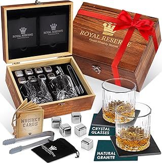 Whisky Gift Set by Royal Reserve – Whisky Glasses Set of 2, Stones, Coasters & Gift-Ready Wooden Box - Whisky Gifts for Men, Husband, Father