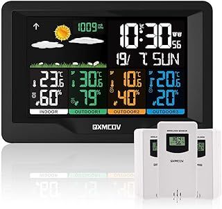 Qxmcov Weather Station Wireless with 3 Sensors, Digital Large LCD Screen Thermometer, Weather Station with Weather Forecast, Temperature, Humidity, Alarm Clock
