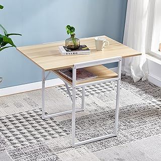 Foldable Drop Leaf Dining Kitchen Table Extendable for Small Space Apartment Dinette Folding Computer Desk Workstation Wood Tabletop with Metal Frame