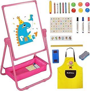 Kids Whiteboard 63cm-107cm Adjustable 360° Rotating-Double Sided Iron Easel-with Apron, Alphabet Cartoon, Pen-Easel Kids（Pink HA-002）