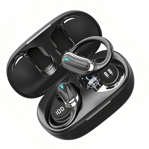 TRAUSI Wireless Earbuds Bluetooth Headphones, Bluetooth 5.3 Stereo Over Ear Buds, Noise Cancelling Mic, IPX7 Waterproof Earphones for Workout/Running, Pure Black