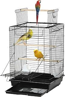 PawHut Bird Cage Parrot Cage Budgie Cage 59cm with Openable Top, Stand, Tray, Handles, Feeding Bowls for Parakeet, Finch, Black