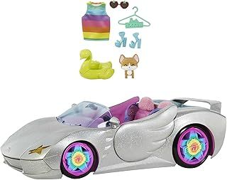 Barbie Car, Barbie Extra Set, Sparkly Silver 2-Seater Toy Convertible with Puppy and Accessories, Gifts for Kids, HDJ47