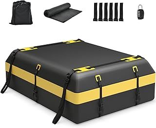GiantexUK 15/21 Cubic Feet Car Roof Bag, Waterproof Cargo Top Carrier with Non-Slip Mat, Combination Lock, 6 Door Hooks & Straps, Rooftop Luggage Storage Box for Car Suv (Black+Yellow, 600L)