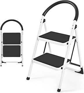 Folding 2/3/4 Step Ladder, 150kg/265kg Capacity Anti Slip Tread Stepladder with Anti-Slip Pedal and Locking Device, Safety Metal Ladder Stool for Household Garage Shop (2 Step)