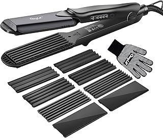 Hair Crimper, CkeyiN Professional Crimping Iron and Straighter with Heat Resistant Glove Adjustable Temperature Dual Voltage 4 Interchangeable Ceramic Plates (Black)