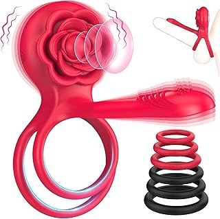 Vibrating Cock Ring Sex Toys - 3 in 1 Male Vibrator Couples Sex Toys with 6 Extra Penis Rings, Couples Vibrator Silicone Penis Ring for Male Erection Penis Vibrators Adult Toys with 10 Strong Modes