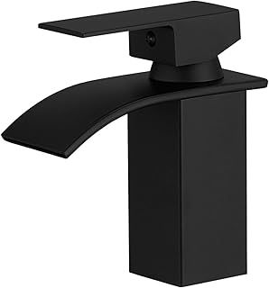 BESy Waterfall Spout Bathroom Sink Mixer Tap, Single Handle Basin Mixer, RV Lavatory Vessel Faucet, Stainless Steel, Matte Black Vanity Tap