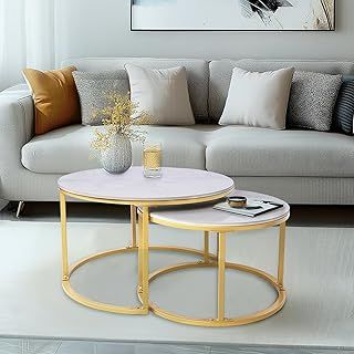 2 x Round Sintered Stone With Metal Frame Marble Effect Nesting Coffee End Sofa Tables Home Living Room Furniture 70 x 70cm (White/Gold)