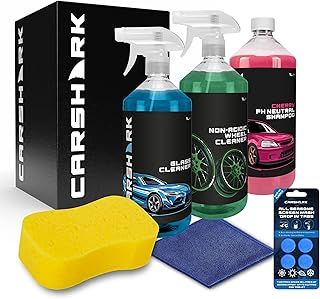 CARSHARK Car Cleaning Kit, Gift Set with Cherry Shampoo 1L, Wheel Cleaner 1L, Glass Cleaner 1L, Sponge, Microfibre Cloth, Screenwash Tabs