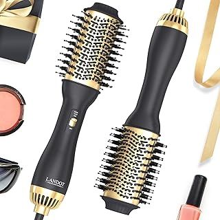 LANDOT Hair Dryer Brush, Lightweight Heated Hair Brush, One-Step Air Stylers and Volumizer Blow Dryer for Drying Straightening Curling Volumizing (Black/Gold)