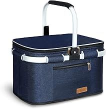 35L Large Picnic Basket Shopping Travel Camping Grocery Bags 2 Layers of Internal Pockets Leak-Proof and Insulated Folding, Internal Support Does Not Collapse (navy blue)