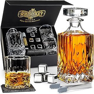 WHISISKEY - Whiskey Decanter Set - 700ML Classic Carafe - Whiskey Gift Sets for Men - Whisky Set - Glass Gifts for Men - Inc. 2 Whiskey Glasses, 4 Whiskey Stones, Accessories