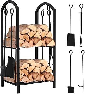 VOUNOT Log Rack with 4 Fireplace Tools Indoor Fireside Companion Set Outdoor Log Holder for Wood Burner Wrought Iron Log Storage Tool Set Wood Stove Fireplace Accessories, 38x33x75 cm