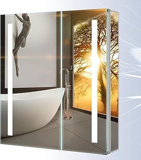 Tokvon® Penumbra 2 doors Mirrored Bathroom Cabinets Wall Mounted LED Mirror Cabinet Bathroom with Motion Sensor & shaver socket & demister strip lights 630 x 650mm made of aluminum