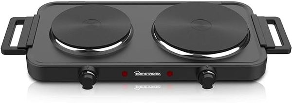HomeTronix Electric Hotplate Double Hob Portable Electric Hot Plate, Dual Temperature Controls, Two Side Handles, 2500W, 2 Ring Table Top Stove for Cooking Warming Boiling Frying Home & Caravan Black