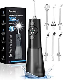Bezvoi Water Flosser for Teeth Cordless: Professional Oral Irrigator LED Display 5 Modes, 300ML Water Tank, IPX7 Waterproof Electric Tooth Cleaner, Water Floss with 6 Jet Tips for Home Travel, Black