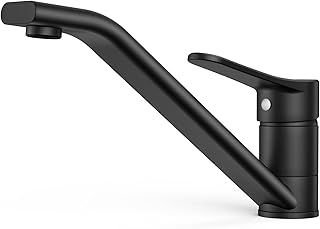 FORIOUS Kitchen Sink Mixer Tap, Monobloc Kitchen Tap 1 Hole with Long Swivel Spout, Stainless Steel Taps 360° Swivel, Matte Black