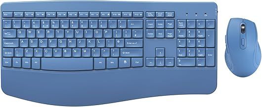 Wireless Keyboard and Mouse Set Ergonomic, 2.4GHz USB Keyboard and Mouse Combo, Full Size Keyboard Cordless with Palm Wrist Rest, Ergonomic Mouse Wireless for Windows PC Computer Desktop, Blue