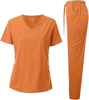 Dagacci Medical Uniform Women's 4-Way Stretch Fitted Y Neck Natural Scrub Set